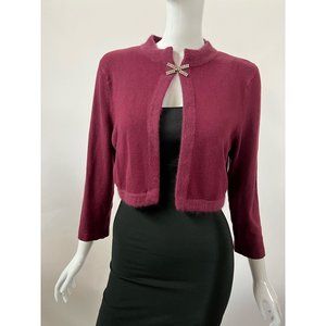 Fredini Womens Cropped Cardigan Wool Sweater Purple Stretch Rhinestones Bow M